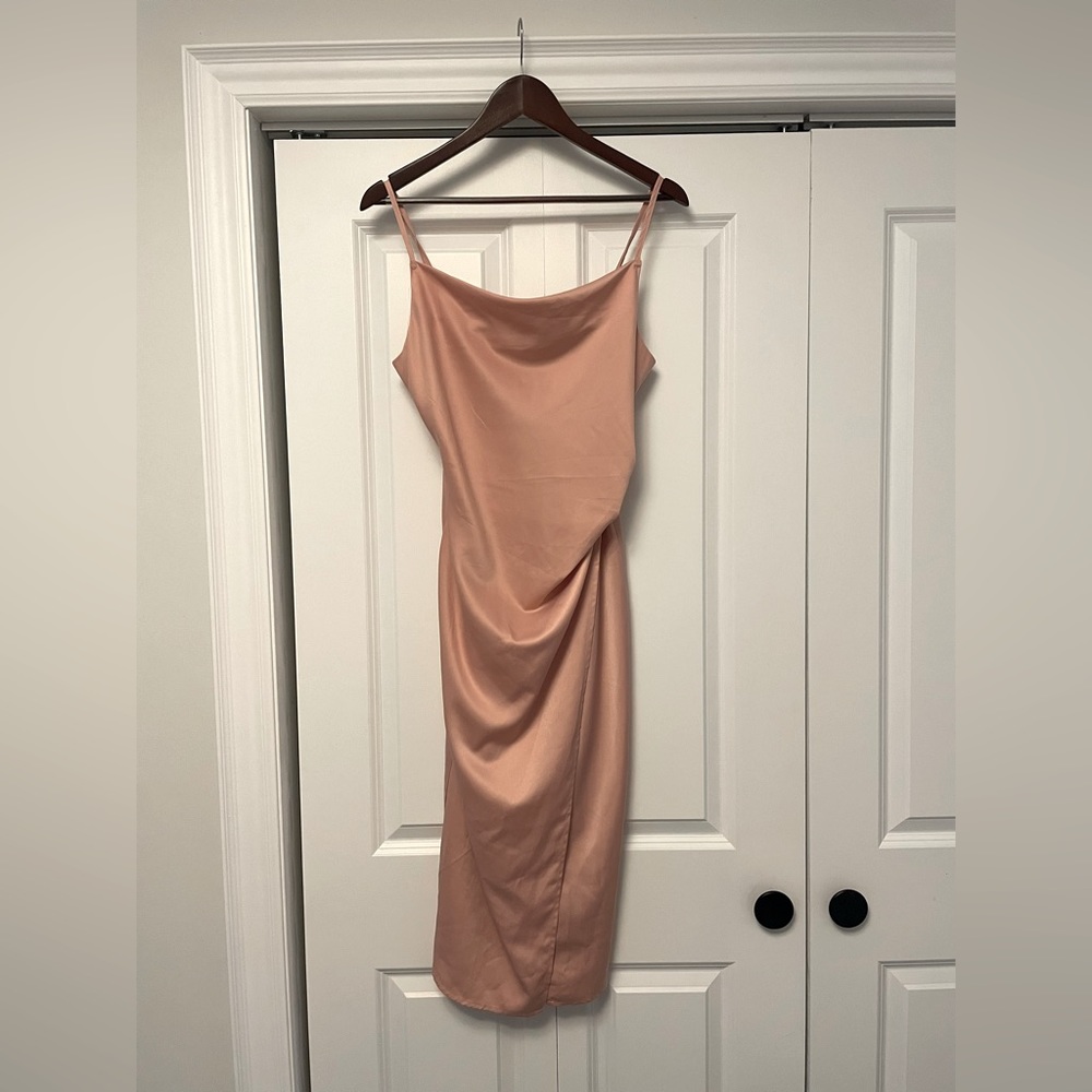 Pink Scoop Neck Satin Midi Dress
